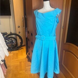 Georges Rech Paris cotton Turquoise Belted Midi Dress Sz L